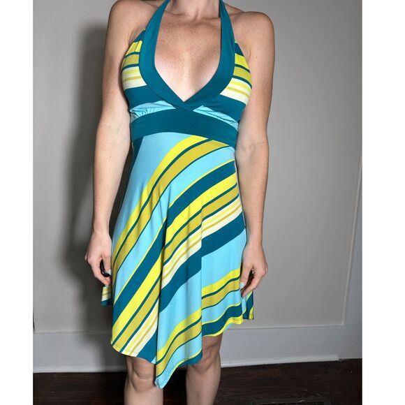 Wild Fable Teal & Yellow Striped Halter A-Line Dress Handkerchief Hem Sz XS - Picture 2 of 4